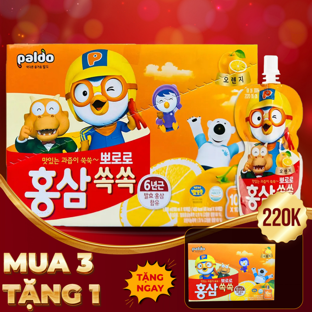 Nước Hồng Sâm Trái Cây Trẻ Em Pororo Hàn Quốc Vị Cam Hộp 10 Gói