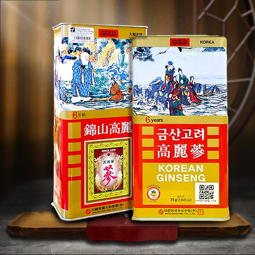 Hồng Sâm Củ Khô Wooshin Hàn Quốc Hộp Thiếc 6 Năm Tuổi Hộp 75g ( 3 củ )