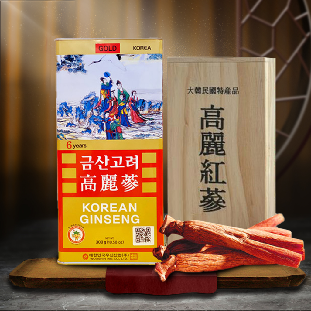 Hồng Sâm Củ Khô Wooshin Hàn Quốc Hộp Thiếc 6 Năm Tuổi Hộp 300g (10 củ)